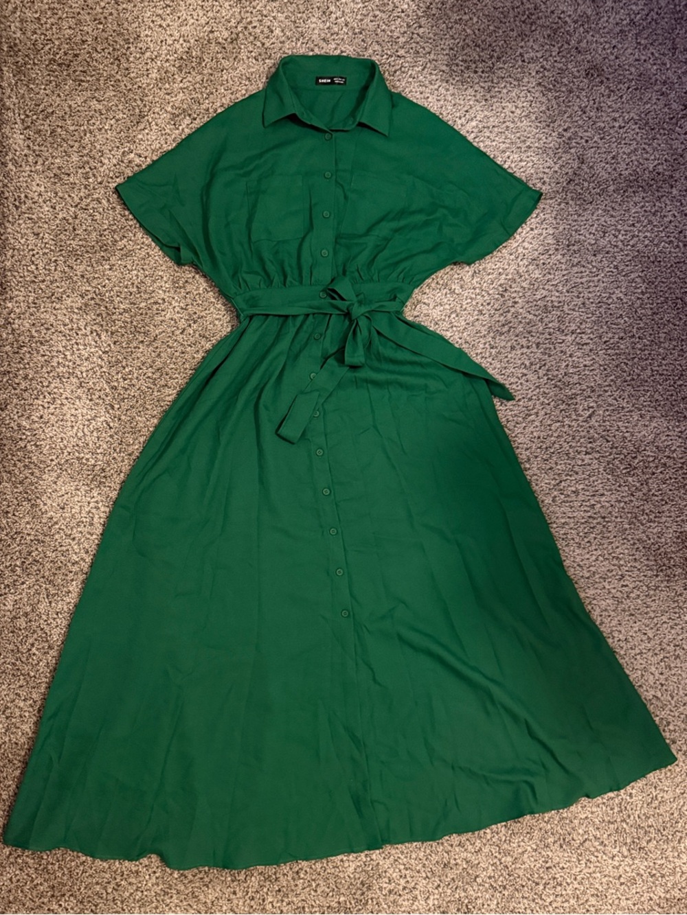 SHEIN Emerald Green Button-Front Maxi Shirt Dress with Waist Tie